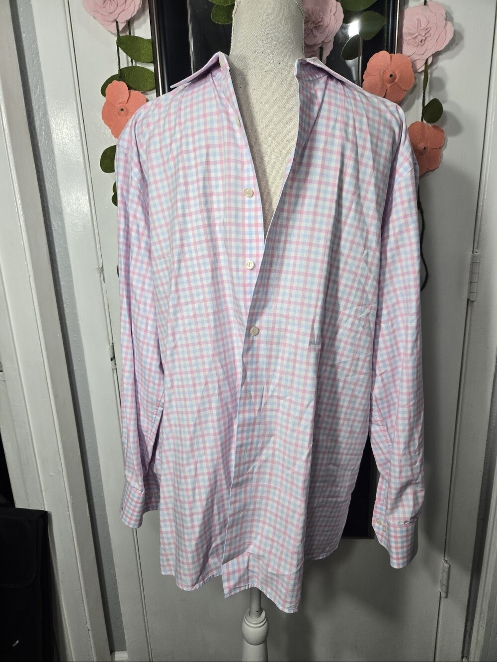 Eton Men's Contemporary Pink And Blue Plaid Button Up Shirt Cotton Sz XXL